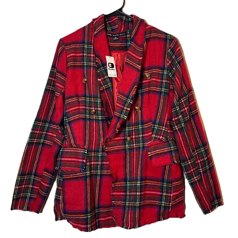 HYFVE Womens Plaid Blazer Jacket Medium Red Tartan Fringe Trim Double Breasted